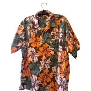Hawaiian Aloha Shirt Mens Brown Green Orange Hibiscus Floral Button Front Top